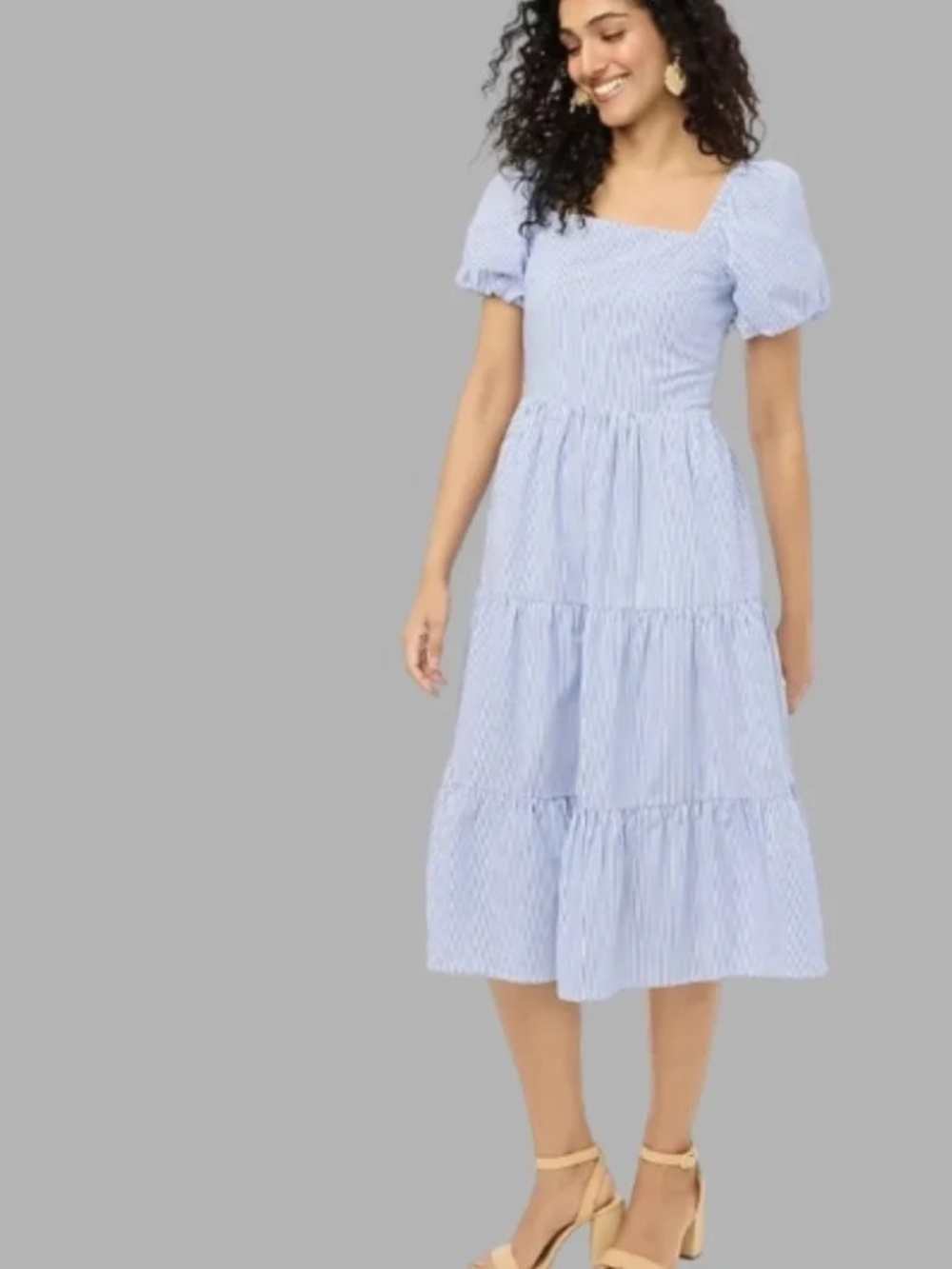J. Crew Blue White Striped Puff Sleeve Tiered Midi Dress Smocked Back Size 0